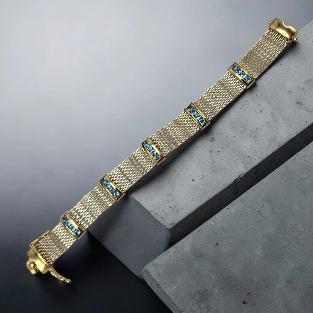 Sterling Vermeil Blue Topaz Mesh Bracelet 6.75” 925 Thailand Estate - Picture 1 of 9